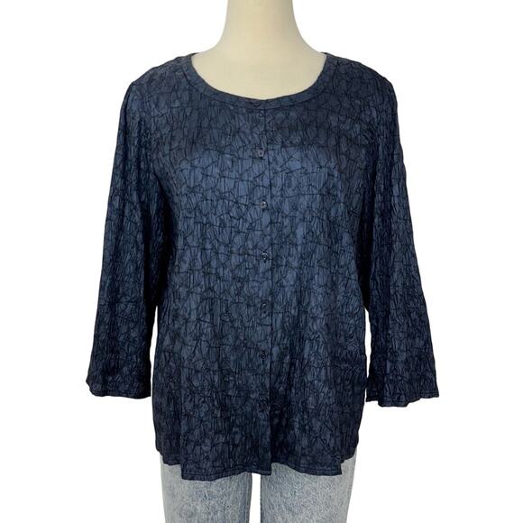 Eileen Fisher Silk Crinkle Crepe Button Up Top Blouse 3/4 Sleeve in Dark Blue L - Picture 1 of 11